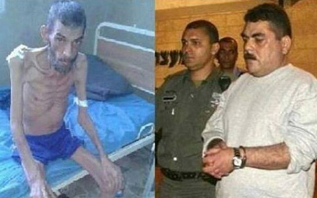 Side by side photos of an emaciated Syrian in an Assad-regime prison next to the paunchy looking Samir Kuntar leaving an Israeli jail after nearly 30 years, posted by al-Jazeera journalist Faisal al-Qassem in December 2015 (Facebook)