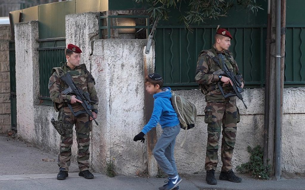 Illustrative: Armed French soldiers secure the access to the 'La Source' Jewish school in Marseille, southern France, on January 12, 2016. (AFP/Boris Horvat)
