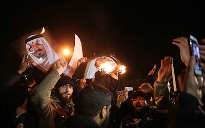 Iranian protesters gather outside the Saudi Embassy in Tehran during a demonstration against the execution of prominent Shiite Muslim cleric Nimr al-Nimr by Saudi authorities, January 2, 2016. (AFP/ISNA/ MOHAMMADREZA NADIMI)