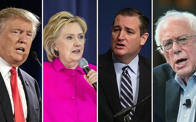 From left, presidential candidates Donald Trump, Hillary Clinton, Ted Cruz and Bernie Sanders. (Getty Images via JTA)