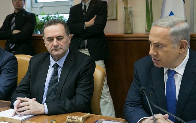 Prime Minister Benjamin Netanyahu sits next to Transportation Minister Yisrael Katz at the weekly cabinet meeting on Sunday, January 24, 2016 (Ohad Zwigenberg/POOL)