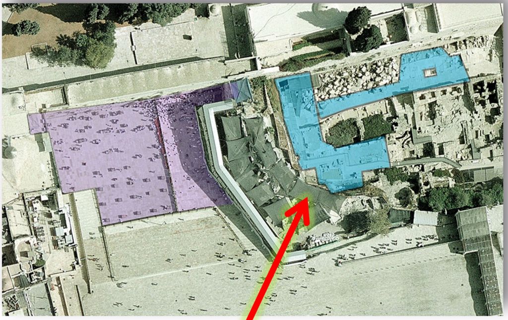 The now-frozen plan for the pluralistic section, shaded in blue, was for it to double in size to nearly 10,000 sq. ft (929 sq m). The Orthodox section, shaded in purple, takes up some 21,500 sq. ft. (nearly 2,000 sq. m.). The area in back of the Orthodox section is meant for national ceremonies. (JTA)