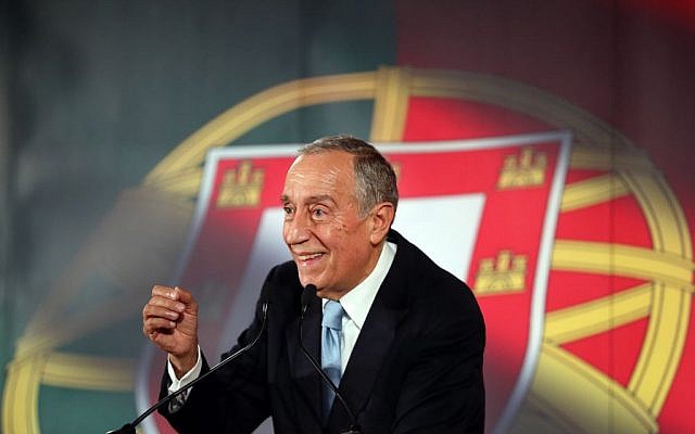 In this picture taken Jan. 20, 2016, Marcelo Rebelo de Sousa smiles while addressing supporters during his presidential election campaign in Lisbon. (AP Photo/Armando Franca)