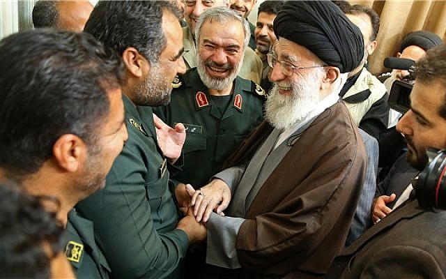 Iranian Supreme Leader Ali Khamenei meets the Iranian Revolutionary Guards Corps (IRGC) Navy unit that detained US sailors earlier in January, in a photo released by Iran on January 24, 2016.