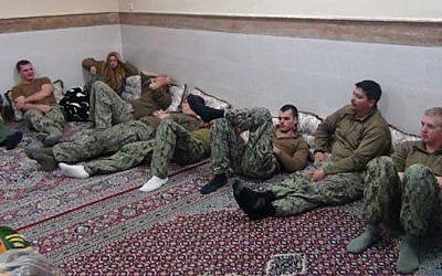 File: US sailors released by Iran on January 13, 2016, after their boats entered Iranian territorial waters the day before. (screen capture/Twitter)