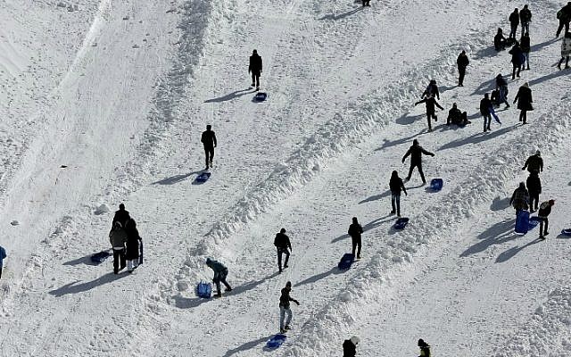 People use sledges at the Mount Hermon ski resort on the Golan Heights, on January 21, 2016. (Thomas Coex/AFP)