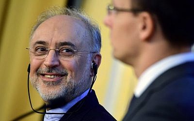 Ali Akbar Salehi (L), the head of Iran's Atomic Energy Organization and with Hungary's Minister of External Economy and Foreign Affairs Peter Szijjarto give a joint press conference in Budapest on February 19, 2016. (AFP/ATTILA KISBENEDEK)