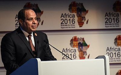 Egypt's President Abdel Fattah al-Sissi delivers a speech during the Africa 2016 forum on February 20, 2016, in the Red Sea resort of Sharm el-Sheikh. (AFP/Mohamed el-Shahed)