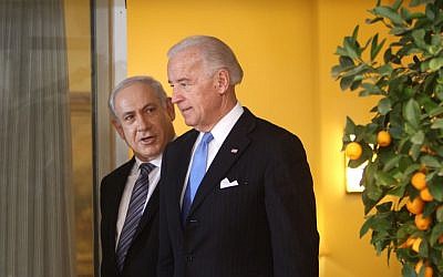 Prime Minister Benjamin Netanyahu, left, and then-US vice president Joe Biden, in Jerusalem on March 9, 2010. (Emil Salman/Pool/Flash90)