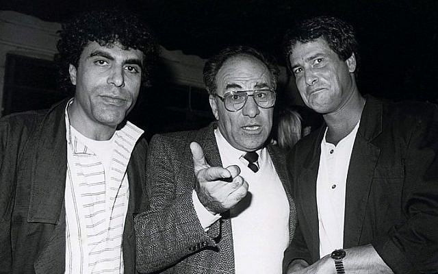 Gaby Shoshan (L) with comic Dudu Topaz (R) and actor Albert Cohen, in this undated photograph.(Moshe Shai/Flash90)