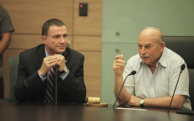 File: Knesset Chairman Yuli Edelstein, left, and MK Nissan Slomiansky attend the opening meeting of the Law and Justice Committee at the Knesset on June 1, 2015 (Isaac Harari/Flash90)