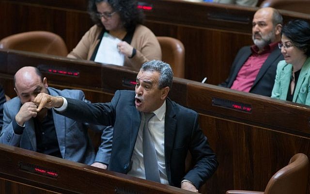 Joint Arab List member Jamal Zahalka reacts during a plenum session in the Knesset on February 8, 2016. (Yonatan Sindel/Flash90)