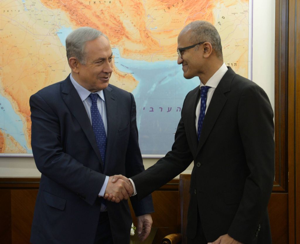 Prime minister Benjamin Netanyahu (L) meets with Microsoft CEO Satya Nadella, February 25, 2016. Photo by Amos Ben Gershom/GPO