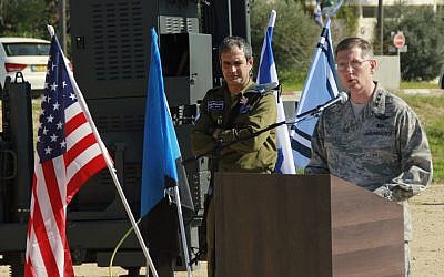 Lt.-Gen. Timothy Ray of the US military addresses reporters as IDF Brig.-Gen. Tzvika Haimovitch looks on during a press conference as part of the Juniper Cobra exercise at the Hatzor Air Base in central Israel on February 25, 2016. (Judah Ari Gross/Times of Israel)