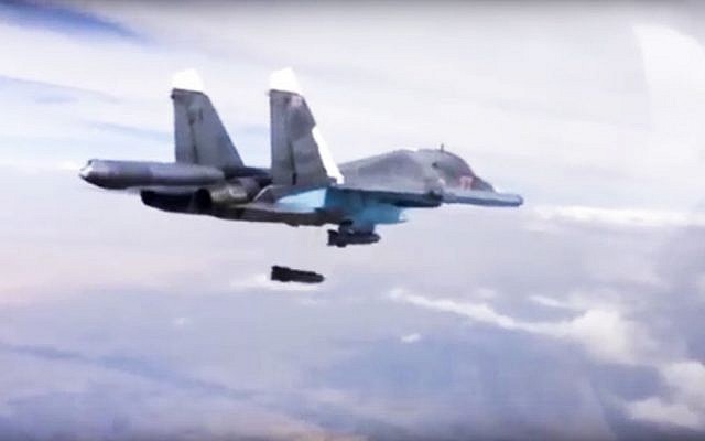 Illustrative image of a Russian Su-34 dropping bombs on a target  in Syria (Russian Defense Ministry Press Service via AP)