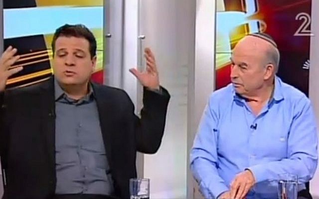 Ayman Odeh (left) and Nissan Slomiansky interviewed on Channel 2 on February 29, 2016. (Channel 2 screenshot)