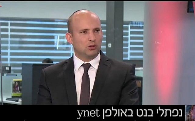 Jewish Home leader Naftali Bennett interviewed in the Ynet studio on Sunday, February 14, 2016. (Screen capture Ynet)