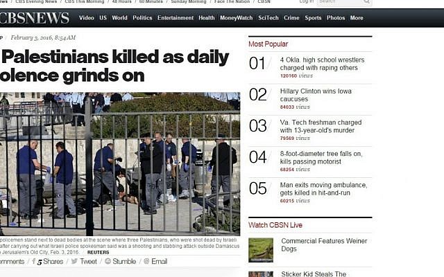 Screenshot of the CBS News website taken February 3, 2016, showing a headline about a shooting and stabbing attack by three Palestinian assailants in Jerusalem.