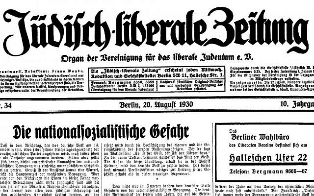 The front page of the Jüdisch-liberale Zeitung from August 20, 1930 (Universitätsbibliothek Frankfurt am Main/Digitale Sammlungen Judaica)