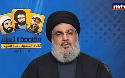 Hezbollah leader Hassan Nasrallah addresses Lebanese TV viewers in a speech broadcast Tuesday, February 17, 2016 (screen capture: YouTube)
