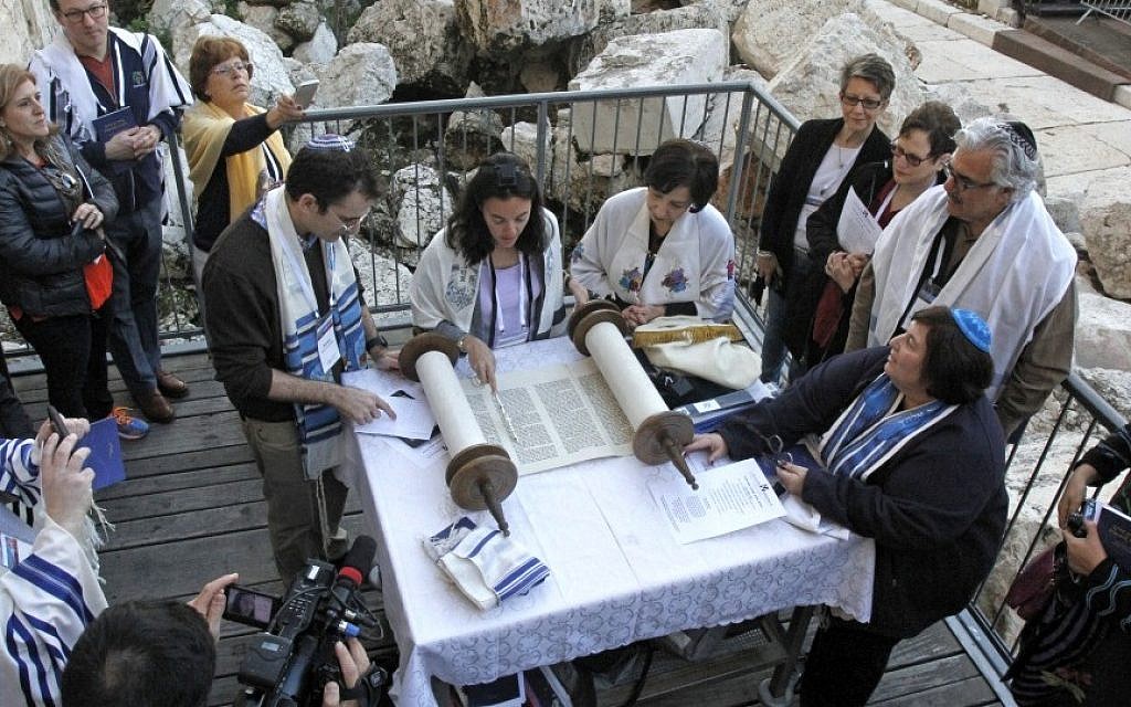 Reform female and male rabbis pray together at Robinson's Arch, the Western Wall site slated for future egalitarian services, on February 25, 2016. (Y.R/Reform Movement)