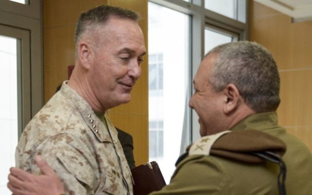 US Chairman of the Joint Chiefs of Staff Joseph Dunford meets with IDF Chief of Staff Gadi Eisenkot in his office in army headquarters in Tel Aviv on March 3, 2016. (IDF Spokesperson's Unit)