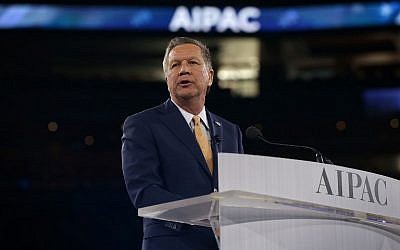 Republican presidential candidate, Ohio Gov. John Kasich addresses the annual policy conference of the American Israel Public Affairs Committee (AIPAC) March 21, 2016 in Washington, DC. (Alex Wong/Getty Images/AFP)