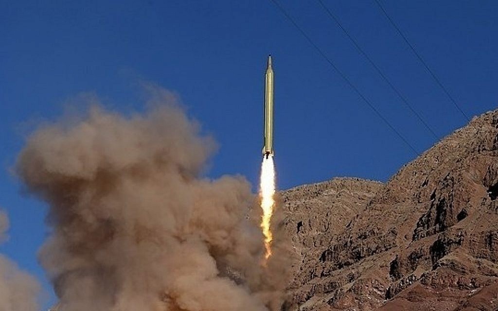 Illustrative: A missile launched from the Alborz mountains in Iran on March 9, 2016, reportedly inscribed in Hebrew, 'Israel must be wiped out.' (Fars News)