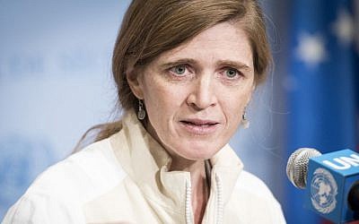 Samantha Power addressing a UN Security Council press conference on Iranian missile launches, March 14, 2016. UN/Mark Garten)