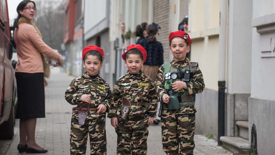 Jewish children in Antwerp, Belgium, dressed as soldiers on Purim, March 24, 2016. (Cnaan Liphshiz)