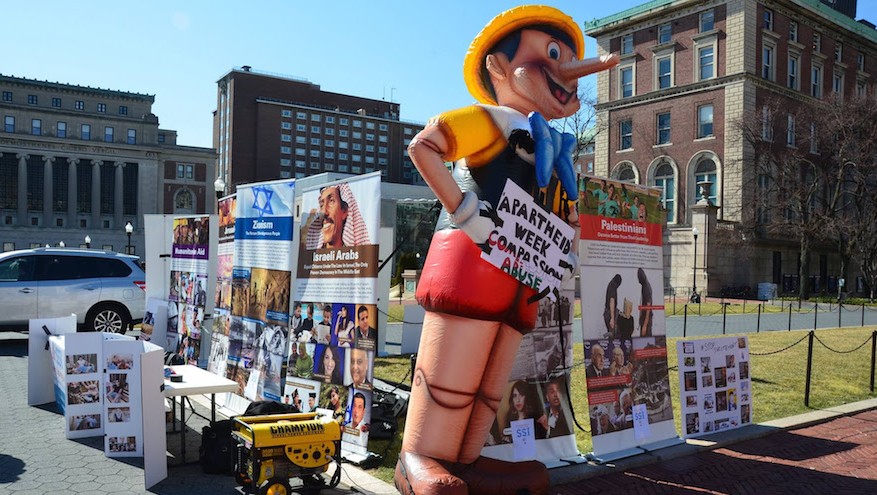 During Israel Apartheid Week at Columbia University, pro-Israel students countered anti-Israel displays with a 12-foot-high Pinocchio doll meant to call attention to “lies about Israel,” March 1, 2016. (Courtesy Students Supporting Israel – Columbia)