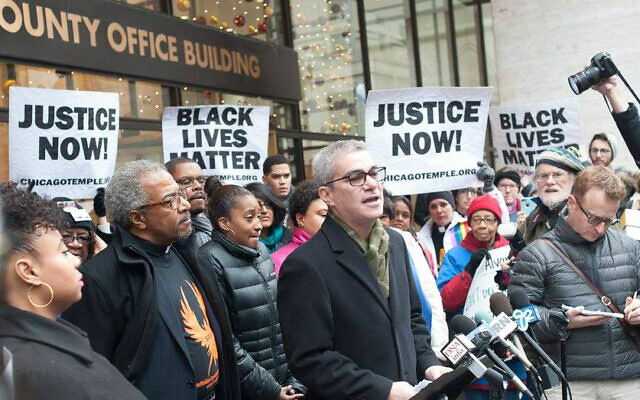 Illustrative: Rabbi Brant Rosen, founder of the non-Zionist Tzedek Chicago synagogue, speaks at a Black lives matter rally. (IIRON)