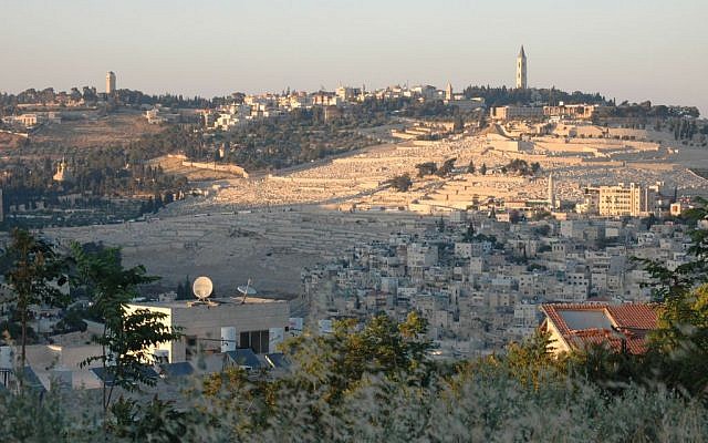 A view of Jerusalem's Mount of Olives from the Greek Compound in Abu Tor. (Sue Surkes/Times of Israel staff)
