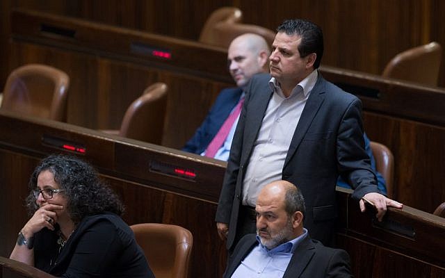 Leader of the Joint (Arab) list, Ayman Odeh, seen during a vote on the bill that would allow MKs to suspend lawmakers from the Knesset, March 28, 2016. (Yonatan Sindel/Flash90)