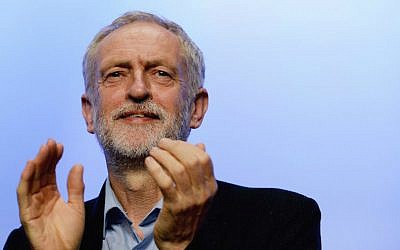 Labor Party leader Jeremy Corbyn addressing the TUC Conference at The Brighton Centre in Brighton, England, on September 15, 2015. (Mary Turner/Getty Images via JTA)