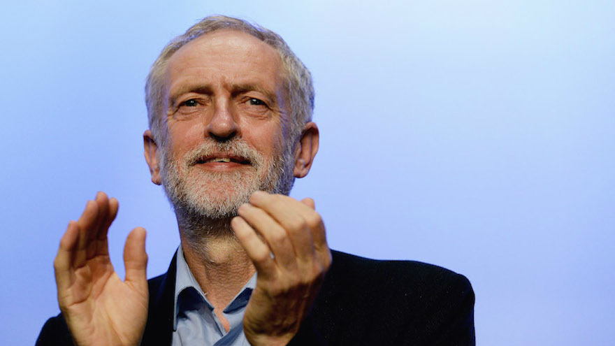 Labor Party leader Jeremy Corbyn addressing the TUC Conference at The Brighton Centre in Brighton, England, on September 15, 2015. (Mary Turner/Getty Images via JTA)