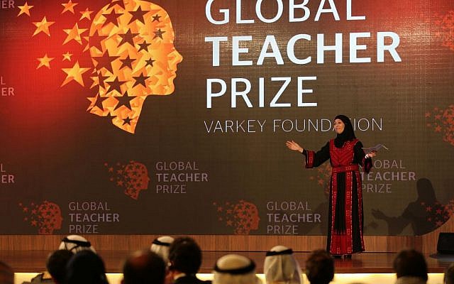 Palestinian primary school teacher Hanan al-Hroub speaks after she won the second annual Global Teacher Prize, in Dubai, United Arab Emirates, Sunday, March 13, 2016. (AP/Kamran Jebreili)