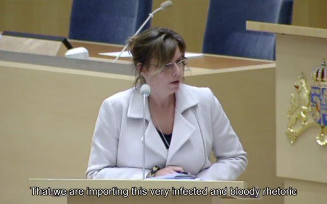 Swedish Minister for International Development Cooperation Isabella Lövin speaking in parliament at a debate about Stockholm’s assistance to Ramallah, March 4, 2016 (Screen grab YouTube)