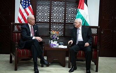 US Vice President Joe Biden meets with Palestinian president Mahmoud Abbas, in the West Bank city of Ramallah, on March 09, 2016. Photo by FLASH90.