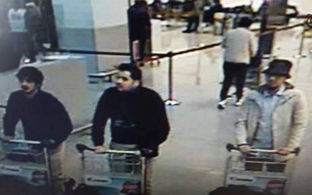 A picture taken off CCTV showing suspects in the Brussels airport attack on March 22, 2016. (Screenshot from YouTube)