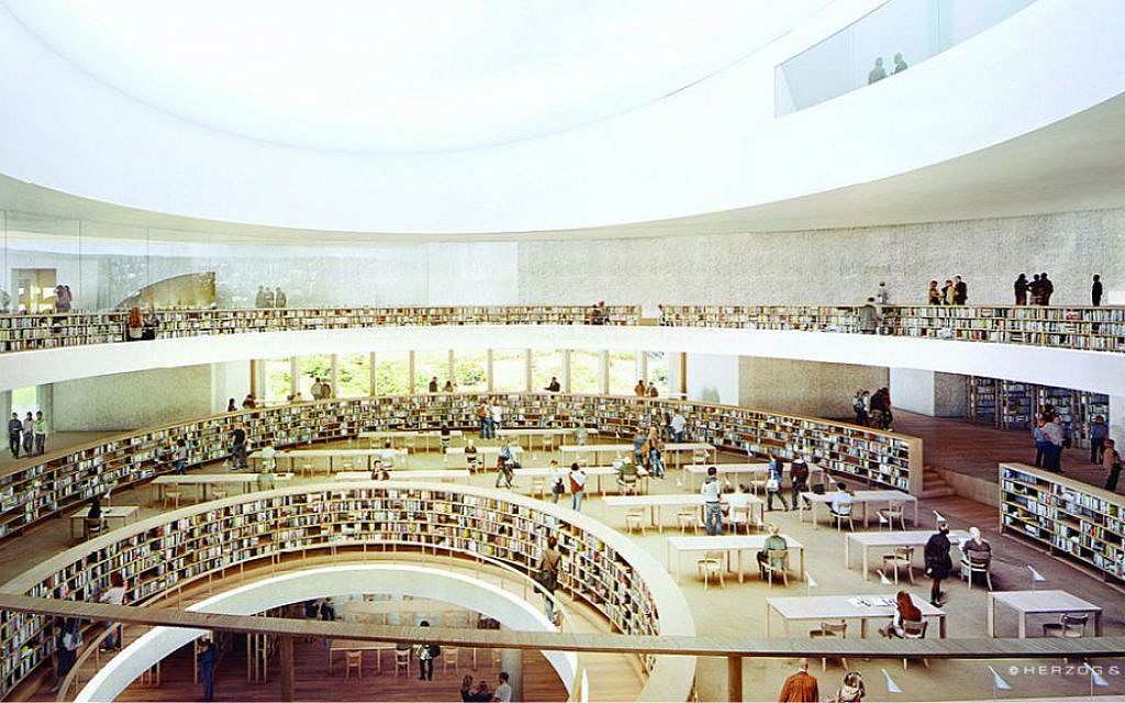 The three-story reading room planned for the new National Library of Israel, with a massive skylight in the roof (Courtesy The National Library of Israel)