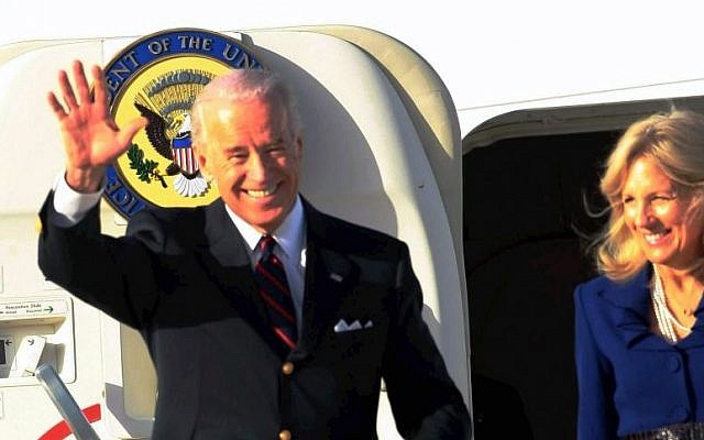 Then-US vice president Joe Biden upon his arrival at Ben Gurion airport, March 8, 2010. (Pool/Yariv Katz, Flash90)