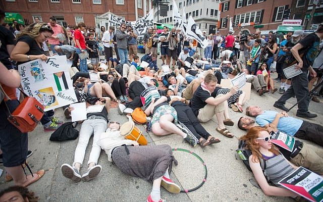 A July 14, 2014 anti-Israel 'die-in' staged near the Massachusetts State House in Boston, with participation from local Students for Justice in Palestine chapters (Elan Kawesch/The Times of Israel)