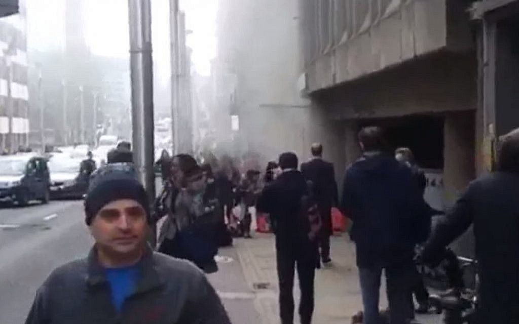 Smoke billows from a metro station in Maalbeek, Brussels after a blast at the site on March 22, 2016 (screen capture: YouTube, used in accordance with Clause 27a of the Copyright Law)