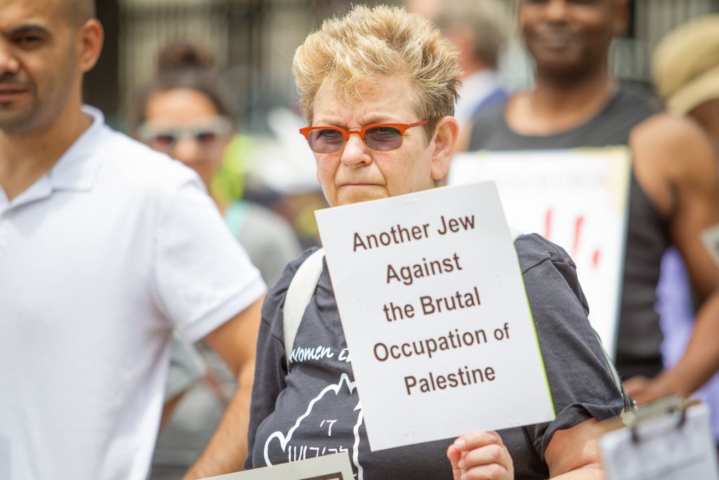 Jewish Voice for Peace members during a July 19, 2014 anti-Israel gathering in Boston. JVP has funded and advised Students for Justice in Palestine chapters for many years. (Elan Kawesch/The Times of Israel)