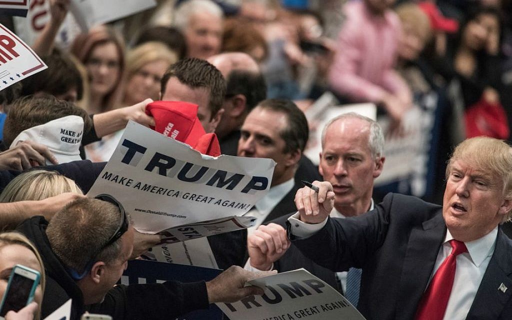 Republican presidential candidate Donald Trump at a campaign rally in Concord, North Carolina, March 7, 2016. (Sean Rayford/Getty Images/via JTA)