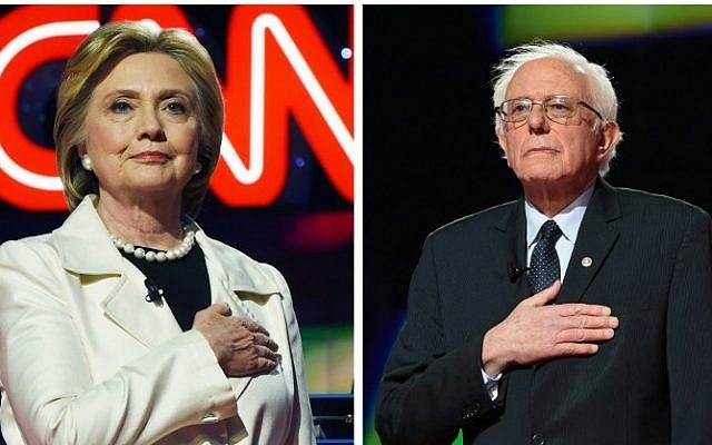 This file photo combination taken on April 14, 2016 shows US Democratic presidential candidates Hillary Clinton (L) and Bernie Sanders before the CNN Democratic Presidential Debate at the Brooklyn Navy Yard in New York. (AFP)