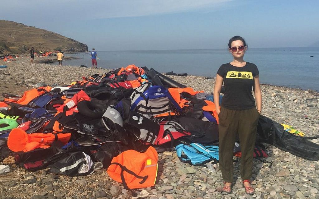 Milana Vayntrub on the beach in Lesbos, where she aided refugees arriving on shore. (Courtesy of Vayntrub/Can't Do Nothing)