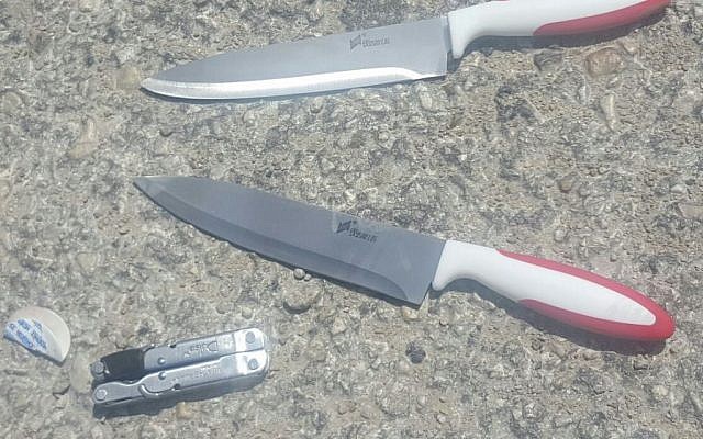 Two knives and a Leatherman-style multi-tool that a Palestinian couple allegedly planned to use to attack Border Police officers at the Qalandiya border crossing on April 27, 2016. (Israel Police)