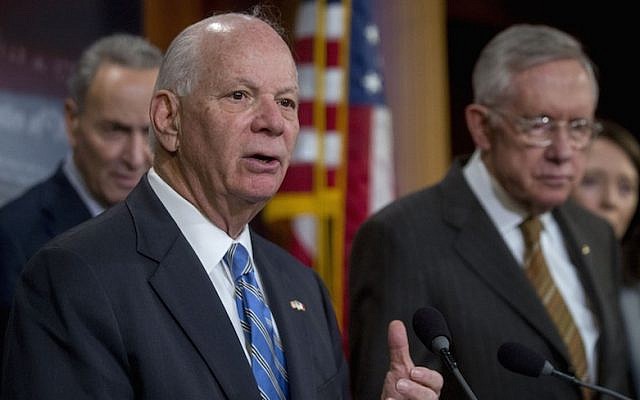 Sen. Ben Cardin speaking at a news conference with other leading Democratic senators at the US Capitol in Washington, DC, November 19, 2015. (JTA/Andrew Harrer/Bloomberg)